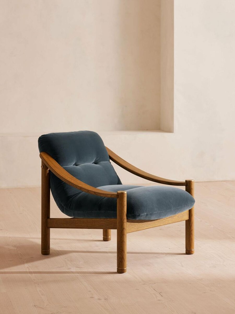 Furniture Soho Home | Karine Armchair, Midtone Oak, Grey Blue Velvet