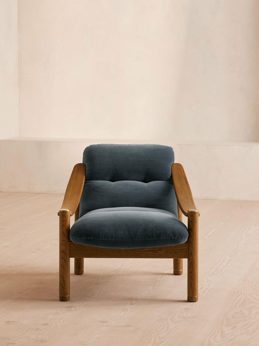 Furniture Soho Home | Karine Armchair, Midtone Oak, Grey Blue Velvet